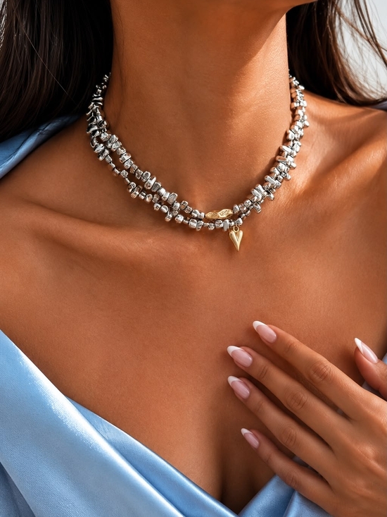 Anthropologie Jewelry - Elegant Two-Tone Beaded Choker Necklace with Gold Heart Charm